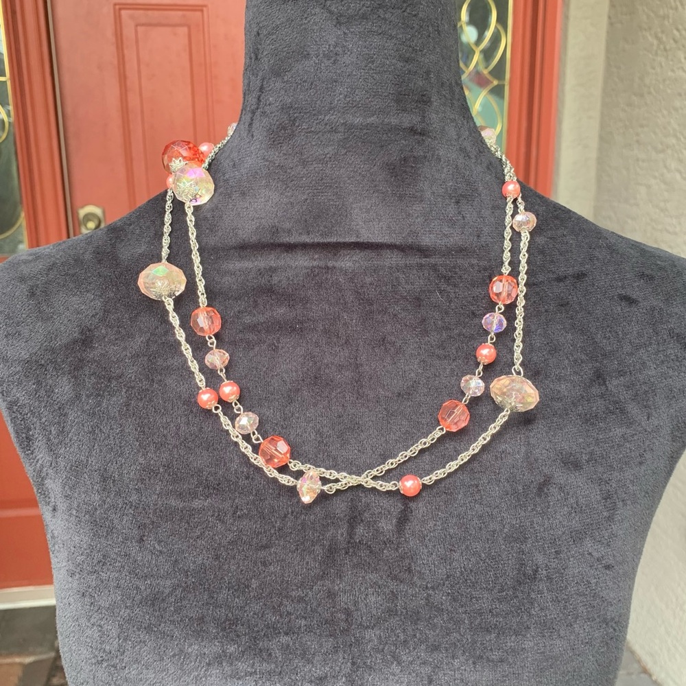 Coquette Silver and Pink Beaded Extra Long Necklace with Matching Earrings